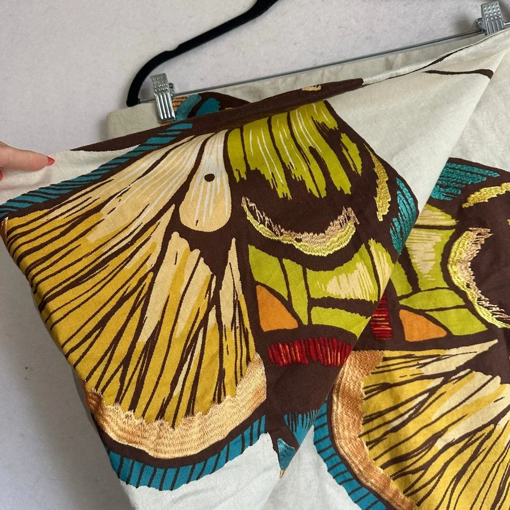 Embroidered Butterfly Wing Square Pillow Cover 20x20 Cream Teal Boho lot of 2